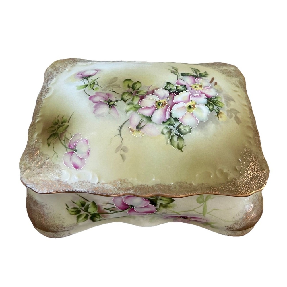 Antique Nippon Hand Painted Porcelain Trinket Box & Lid Floral Pattern Rectangle